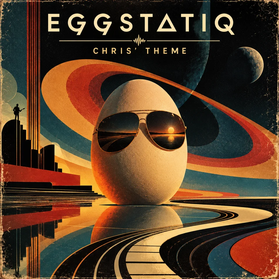 Chris’ theme artwork: an egg in aviator sunglasses surrounded by planets and orange and teal ribbons.